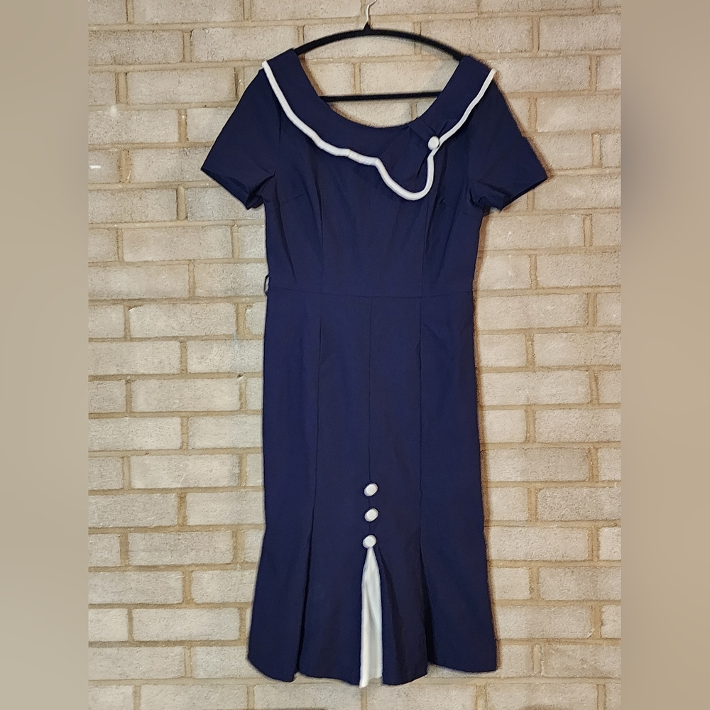 Navy Long Sleeve Sailor-Inspired Dress with White Trim